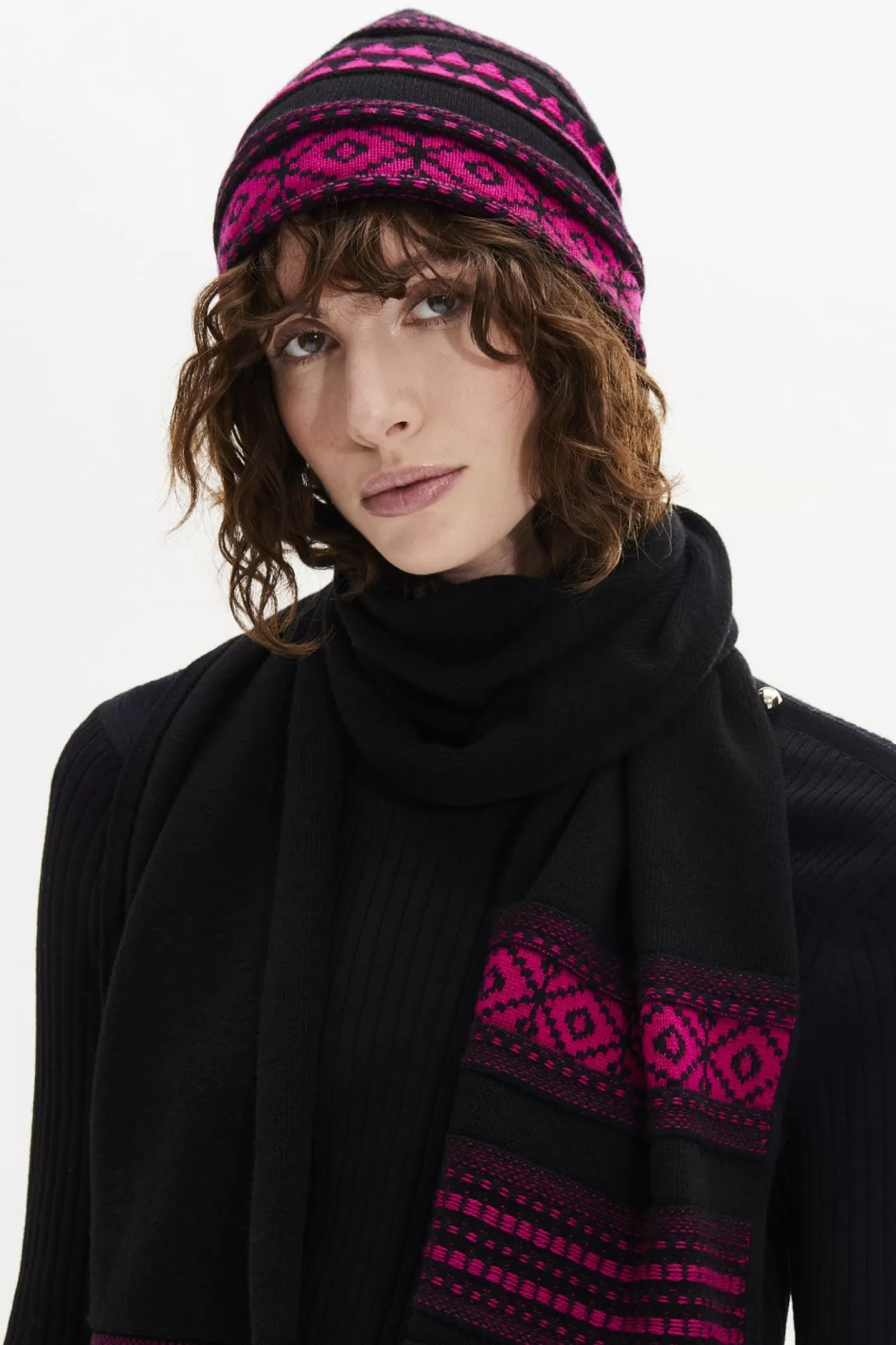 Shop Sonia Rykiel Bonnet Maille Motif Fair Isle Fuchsia / Violet