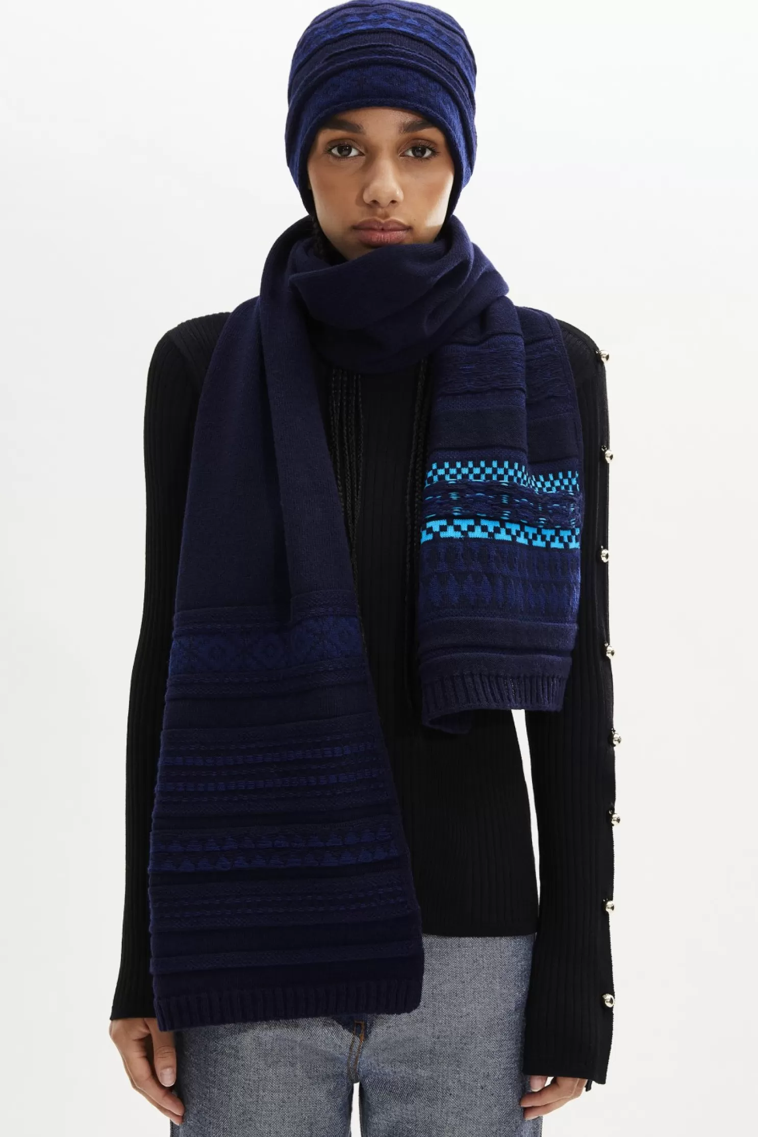 Cheap Sonia Rykiel Echarpe Longue Maille Motif Fair Isle Bleu / Bleu