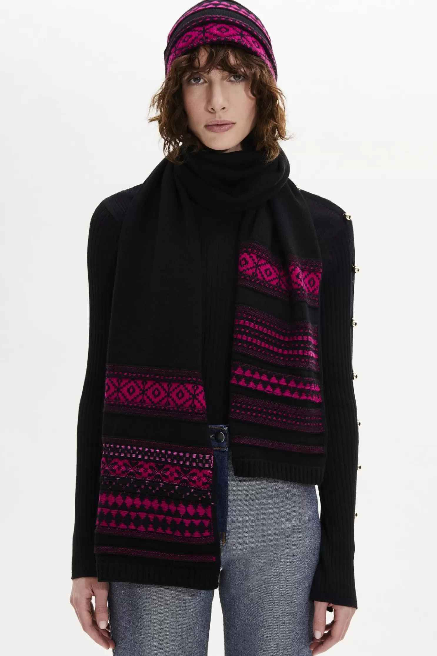 Sale Sonia Rykiel Echarpe Longue Maille Motif Fair Isle Fuchsia / Violet