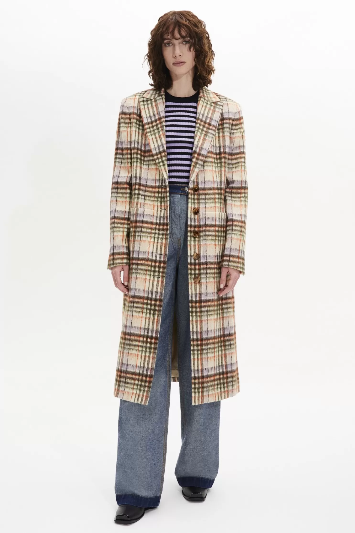 Discount Sonia Rykiel Manteau Motif Tartan En Laine Brosse Carreaux Ecru/Lilas / Multi