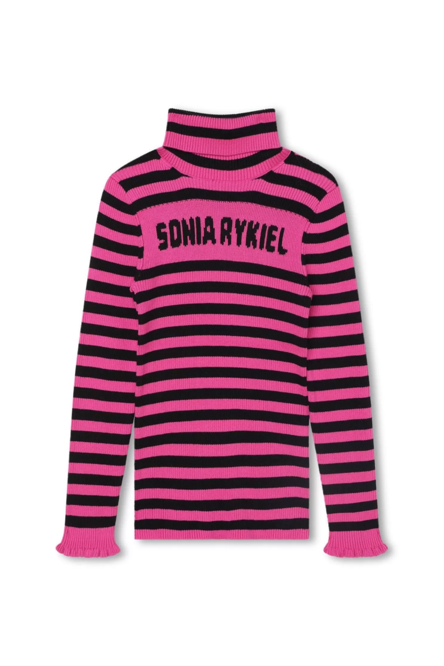 Shop Sonia Rykiel Pull A Col Roule Tricot Raye Logo Fuchsia / Violet