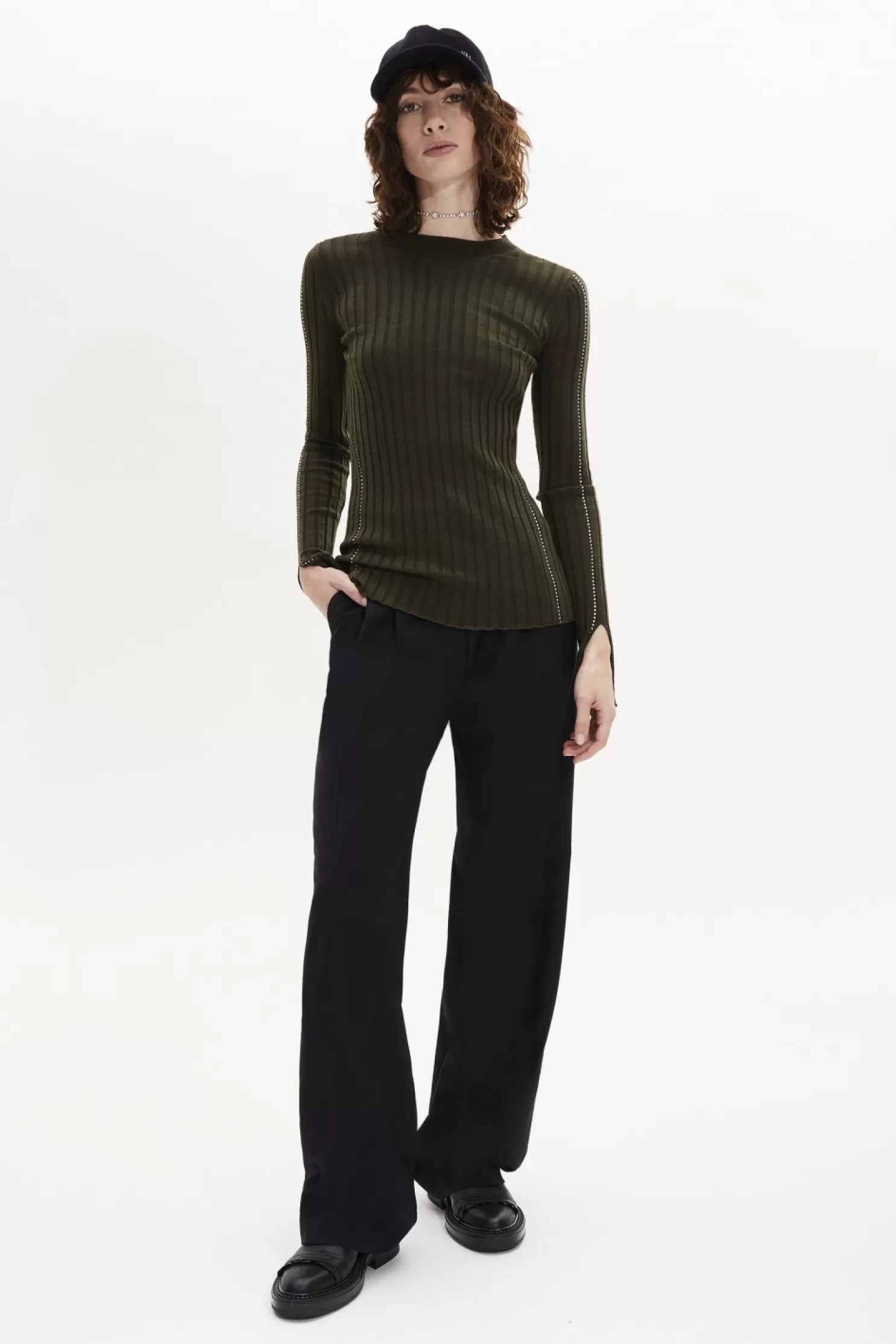 Store Sonia Rykiel Pull Col Rond A Manches Longues Fendues Kaki / Vert