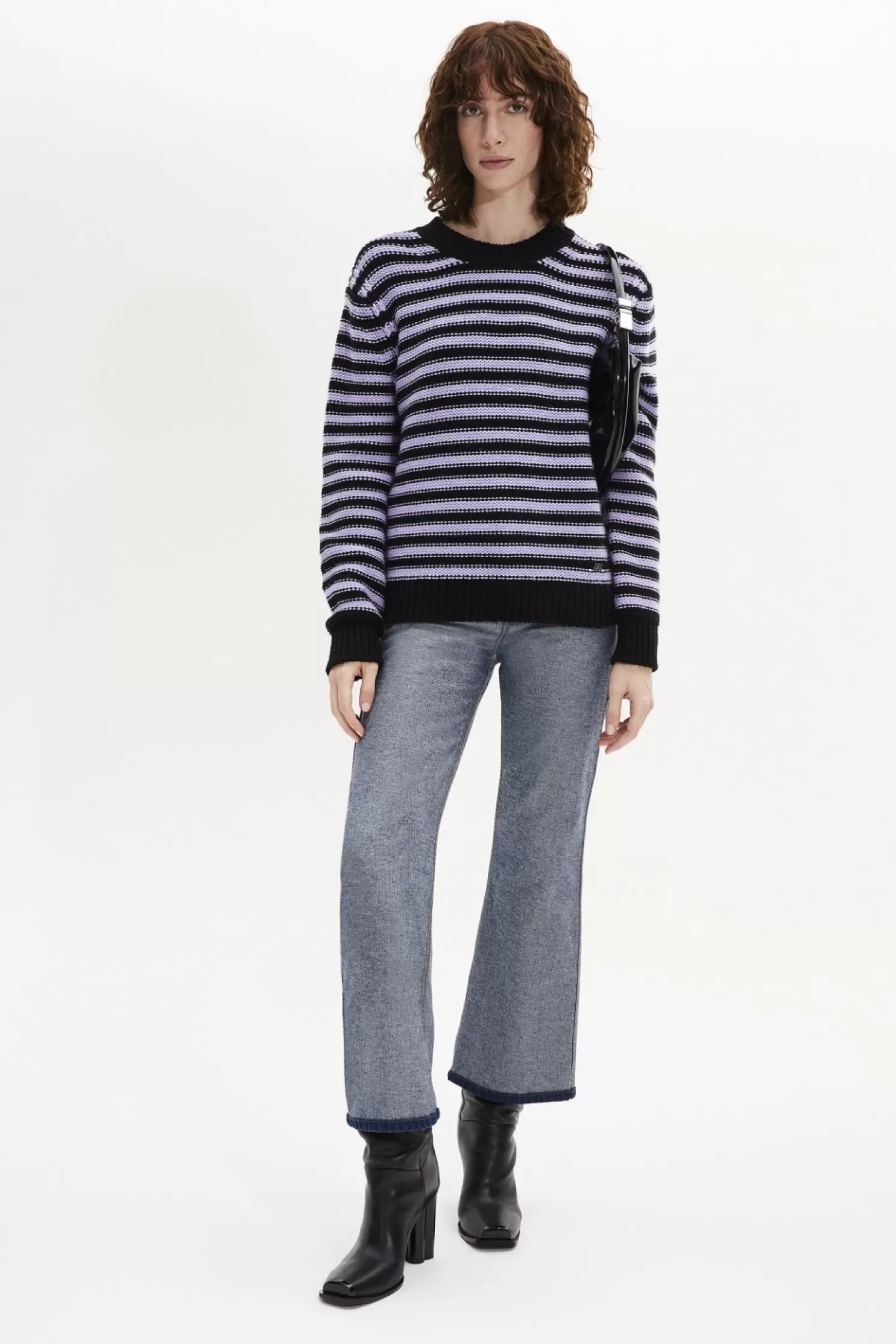 Shop Sonia Rykiel Pull Raye Col Rond A Manches Longues Raye Noir/Lilas / Multi