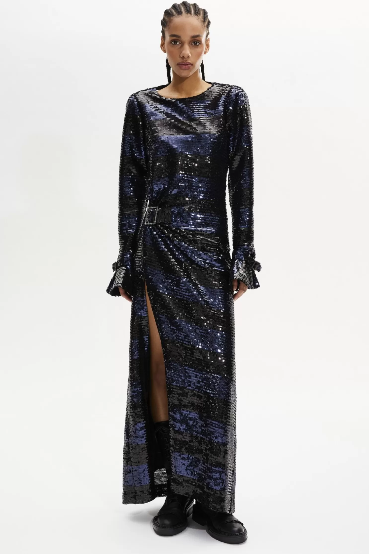 Sale Sonia Rykiel Robe Longue Dos Nu En Sequins Rayes Silver/Navy / Multi